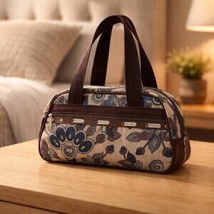 LeSportsac Floral Print Brown Blue Nylon Zip Shoulder Handbag